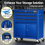 Blue GIANTZ tool storage cabinet with drawers, doors, tool hanging board, and caster wheels