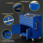 Blue tool chest with open doors, drawers, tools on top, pegboard with hanging tools, locking cam lock