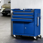 Blue GIANTZ metal tool chest with drawers, cabinet, and tools on wheels in garage