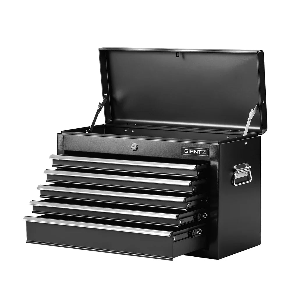 Black GIANTZ metal tool chest with five drawers and an open top compartment, side handles
