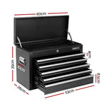 Black Giantz metal tool chest with open top and four drawers showing dimensions
