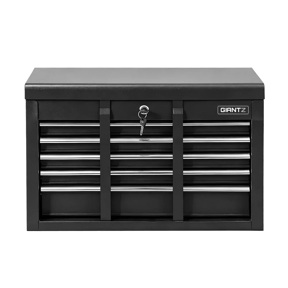 Black Giantz metal tool chest with multiple drawers and central lock with key