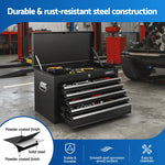 Black steel tool chest with open top and drawers filled with tools in a garage workshop