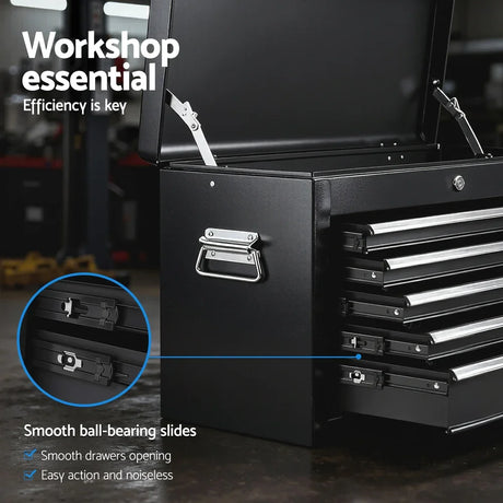 Black workshop tool chest with smooth ball-bearing slides and multiple open drawers on workshop floor
