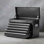 Black GIANTZ metal tool chest with top lid open and five partially open drawers on concrete floor