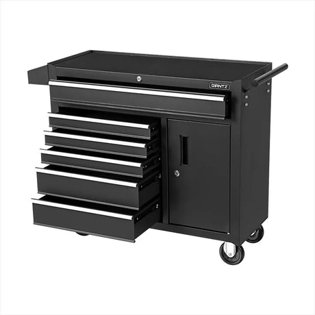 Black Giantz mobile tool chest with six drawers, cabinet, and handle on wheels