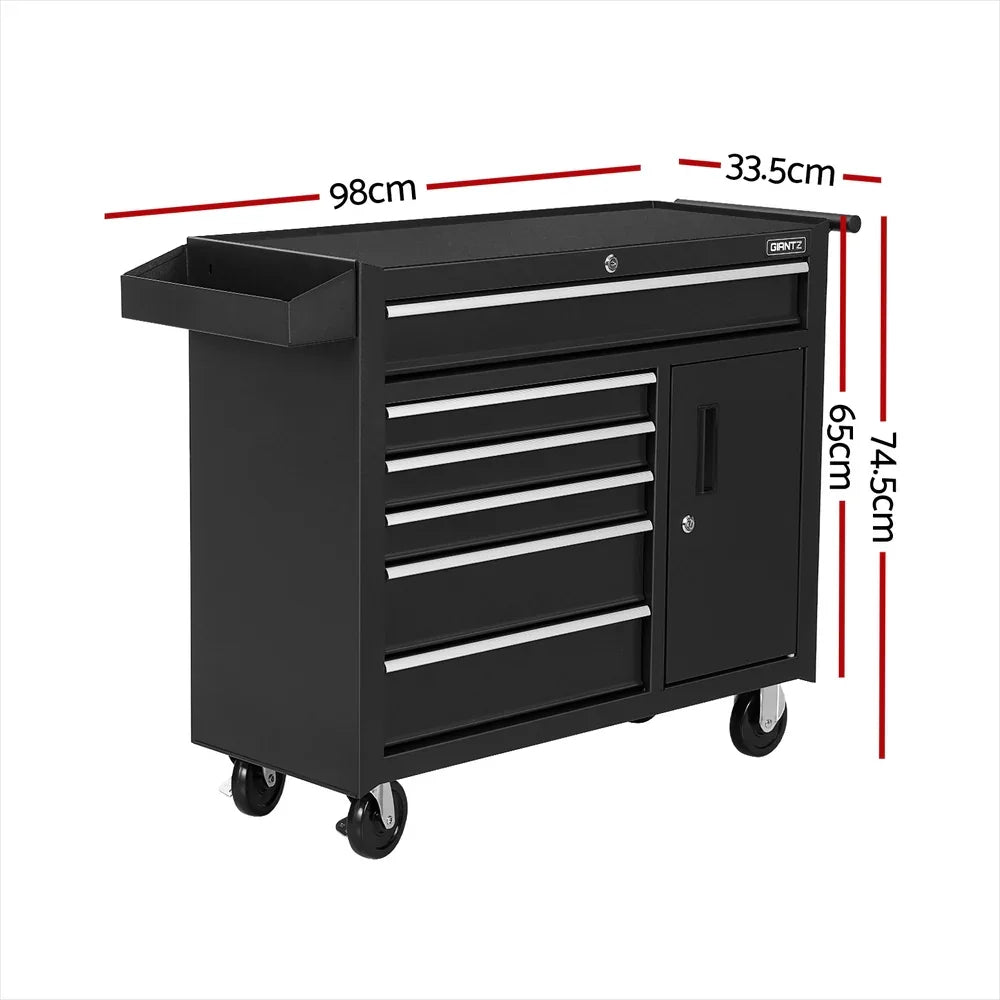 Black rolling tool chest with five drawers, side cabinet, and side tray, dimensions marked