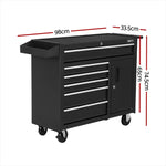 Black rolling tool chest with five drawers, side cabinet, and side tray, dimensions marked