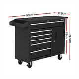 Black rolling tool chest with five drawers, side cabinet, and side tray, dimensions marked