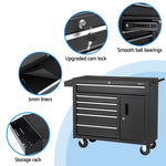 Black tool cabinet with multiple drawers, storage rack, cam lock, smooth ball bearings, and 5mm liners