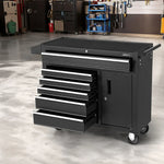 Black GIANTZ rolling tool chest with multiple open drawers and a side cabinet in a garage workshop