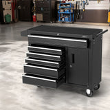 Black GIANTZ rolling tool chest with multiple open drawers and a side cabinet in a garage workshop