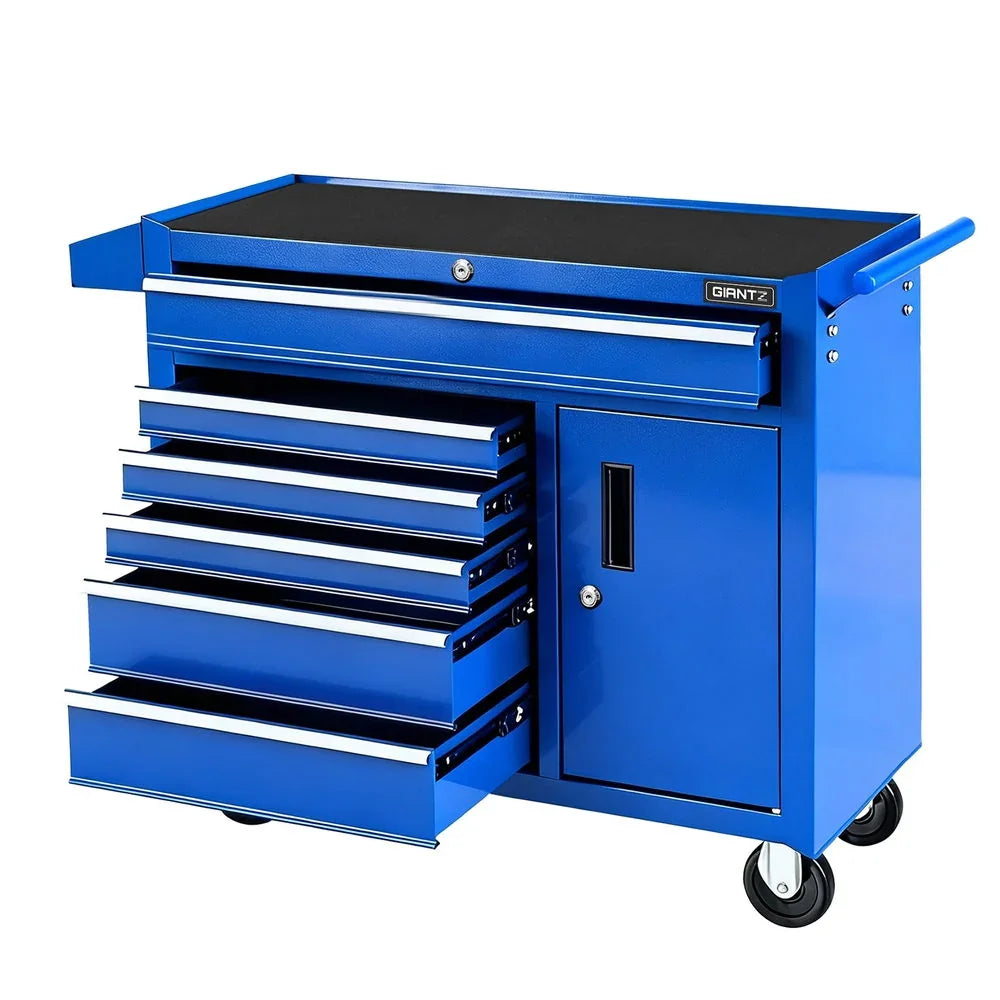 Blue heavy-duty rolling tool chest with multiple open drawers, lockable cabinet, and black top surface