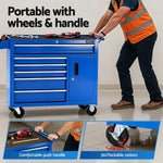 Blue portable tool chest with wheels and handle, ergonomic push handle, and 360° lockable castors