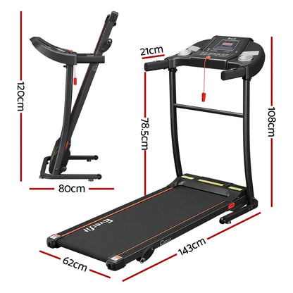 Black folding home treadmill with digital display, safety key, and dimension labels