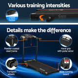 Folding treadmill with 3 incline levels, pulse sensor grips, steel frame, and transport wheels.