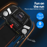 Everfit treadmill console with digital display, AUX and USB inputs, speakers, drink holders