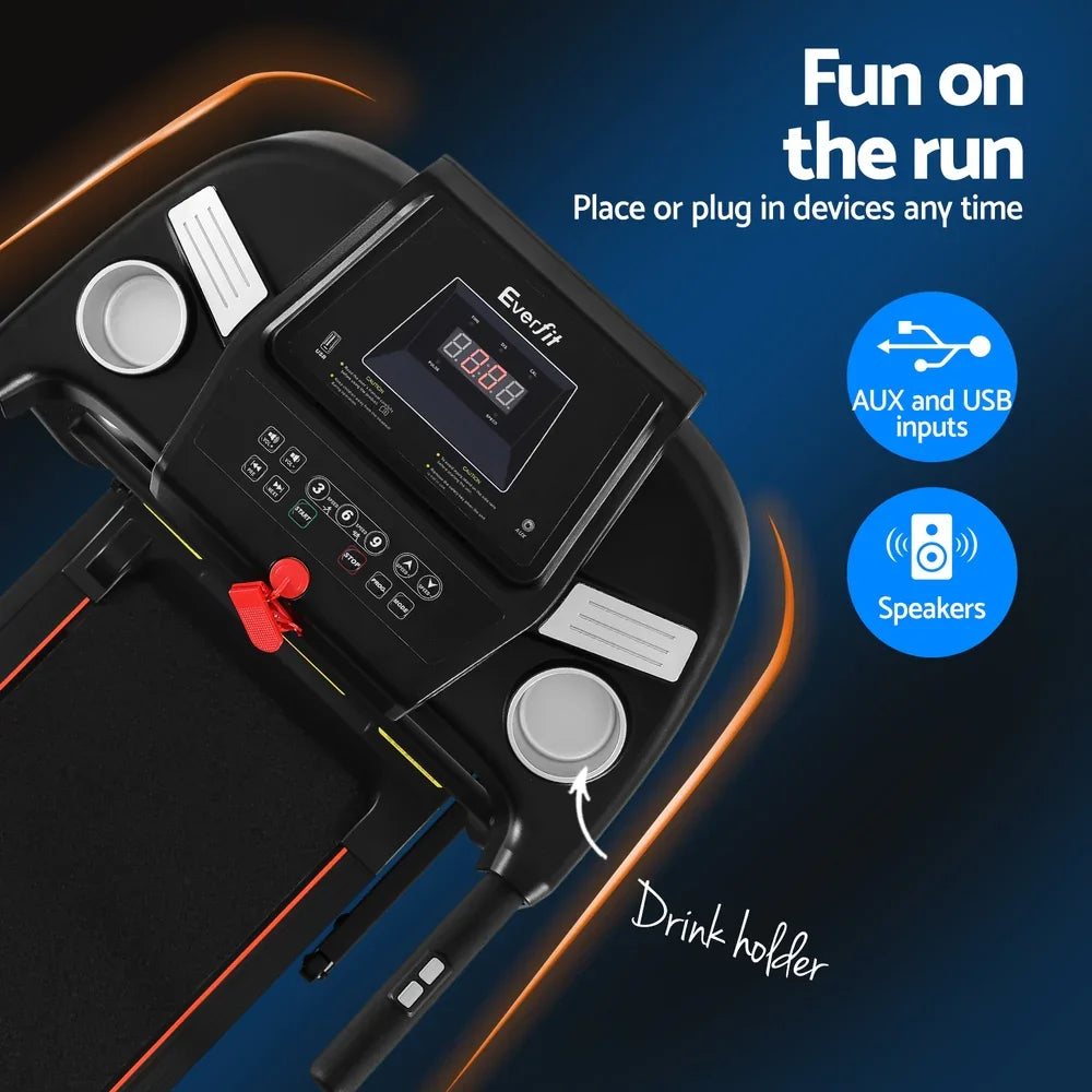 Everfit treadmill console with digital display, AUX and USB inputs, speakers, drink holders