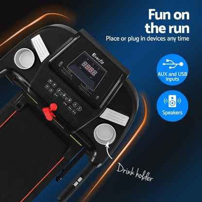 Everfit treadmill console with digital display, AUX and USB inputs, speakers, drink holders