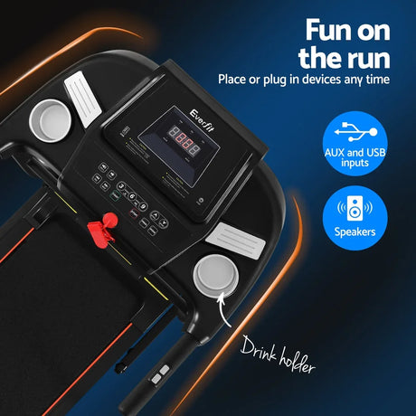 Everfit treadmill console with digital display, AUX and USB inputs, speakers, drink holders