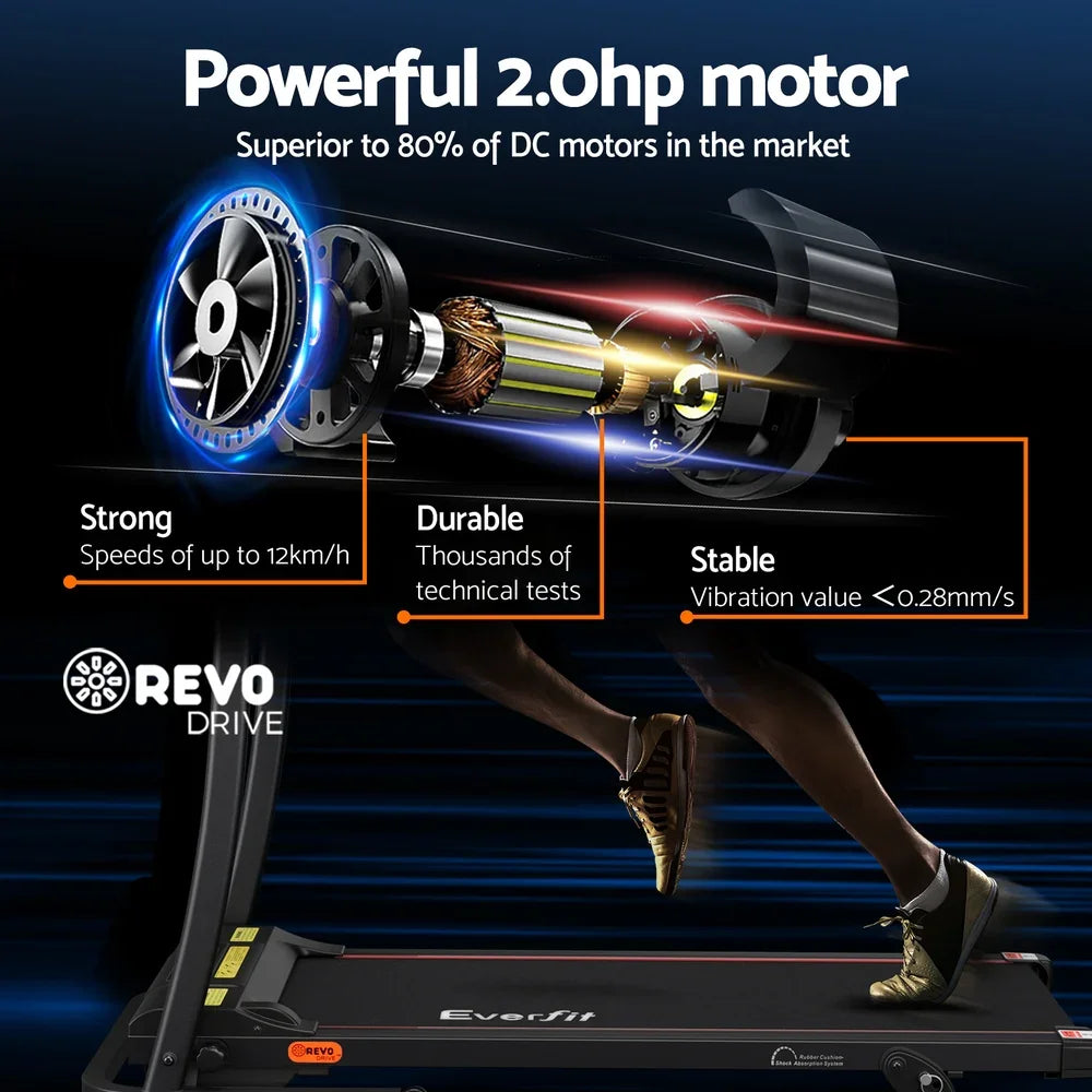 Everfit treadmill with powerful 2.0hp motor, REVO drive, and running person