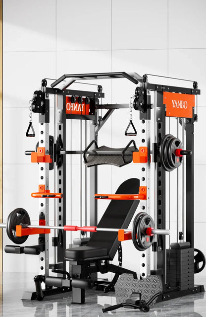 YANBO multifunctional home gym power rack with weights, bench, and cable machine
