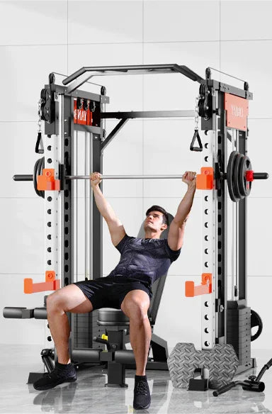 Man using a Smith machine for bench press in a modern home gym setting