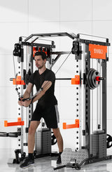 Man using YANBO functional trainer machine in modern gym setting for cable workout