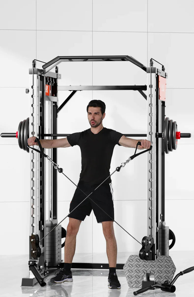 Man using cable crossover machine for strength training in modern gym