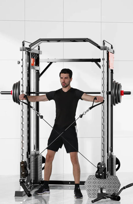 Man using cable crossover machine for strength training in modern gym