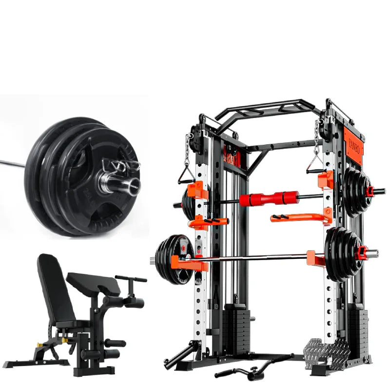 Multi-station gym equipment set with weight bench, barbell, and power rack for home gym