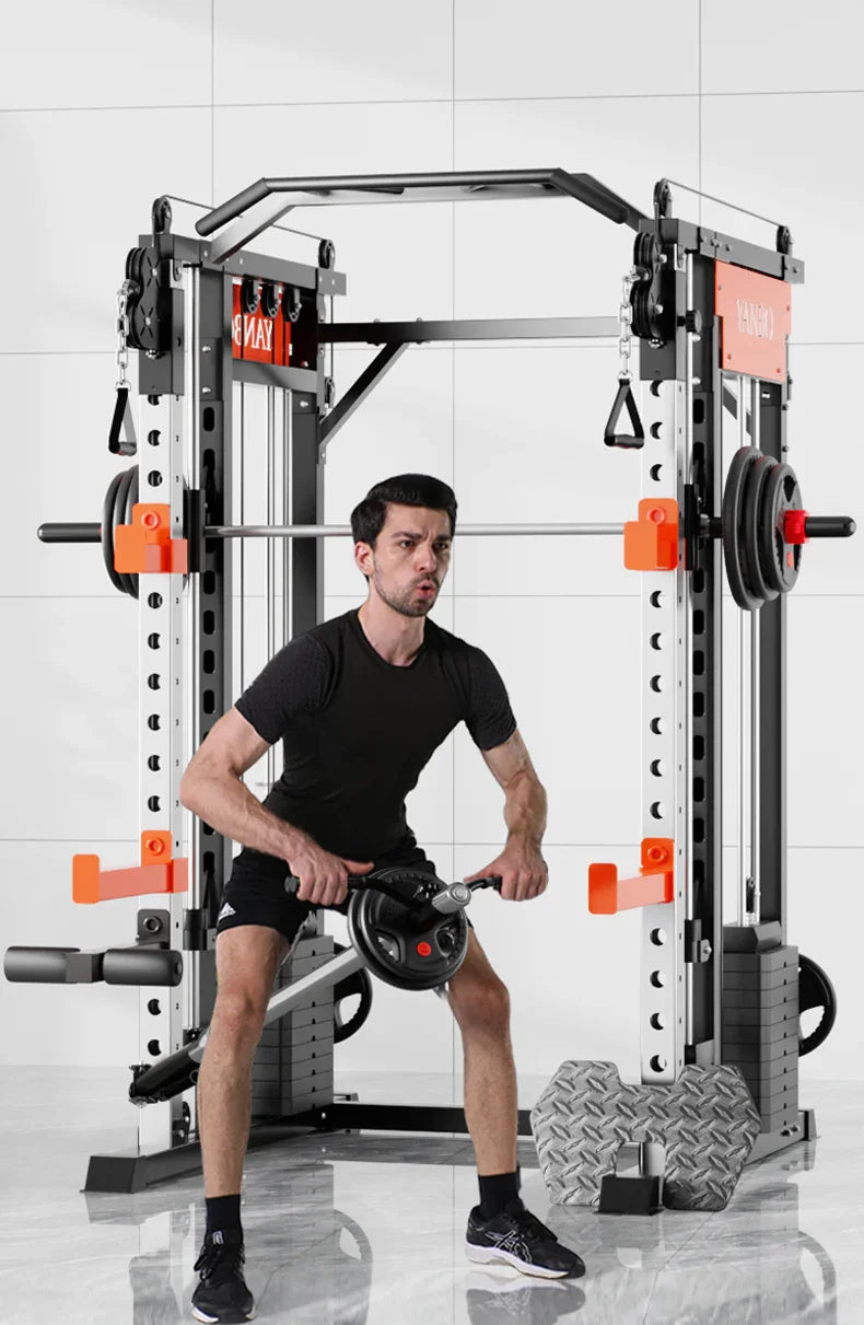 Man performing row exercise on Smith machine with weights in modern gym setting
