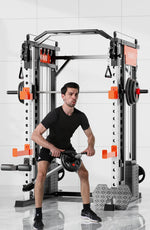 Man performing row exercise on Smith machine with weights in modern gym setting