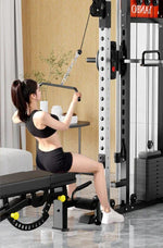 Woman using home gym machine for lat pulldown exercise in modern living room