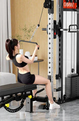 Woman using home gym machine for lat pulldown exercise in modern living room