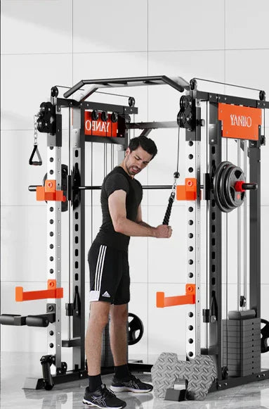 Man using cable pulley machine in modern gym setting, strength training equipment on white tile