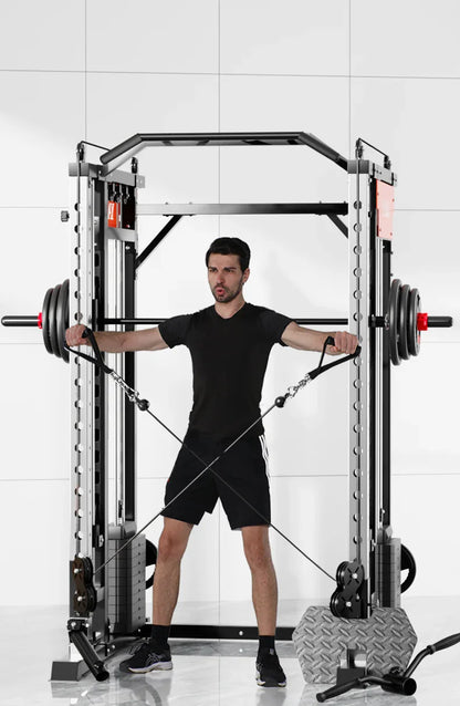 Man using cable machine for resistance workout in modern gym, strength training equipment