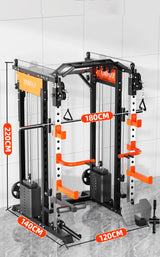 Home gym power rack with cable machine, pulleys, and size labels on tiled floor