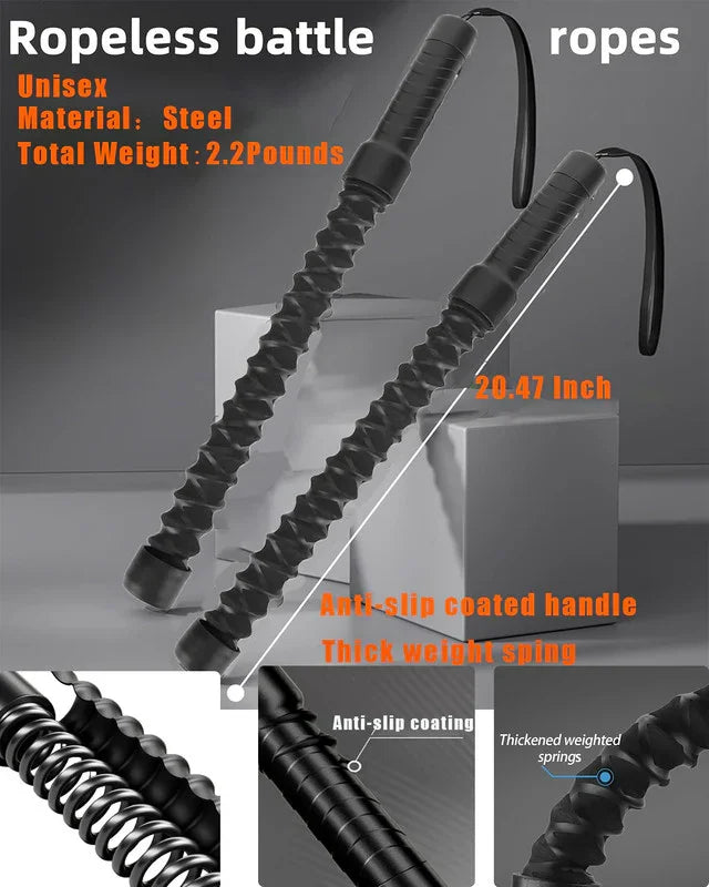 Black steel ropeless battle ropes with anti-slip coated handles and thick weighted springs, 20.47 inches long