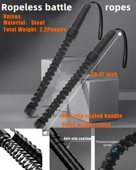 Black steel ropeless battle ropes with anti-slip coated handles and thick weighted springs, 20.47 inches long