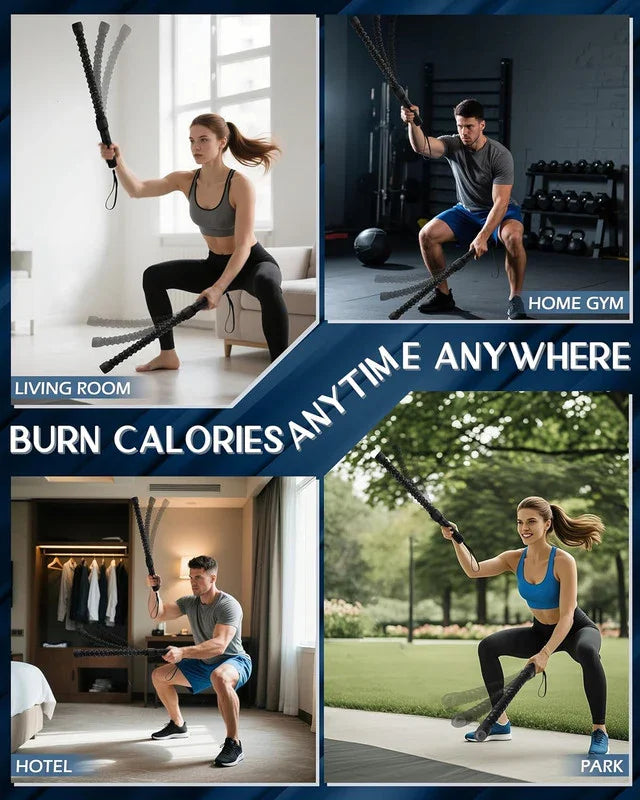 People exercising with battle ropes in living room, home gym, hotel, and park to burn calories anytime anywhere