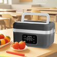 Electric lunch box with digital display on desk, fresh fruit nearby, classroom setting, Flea Market AU.