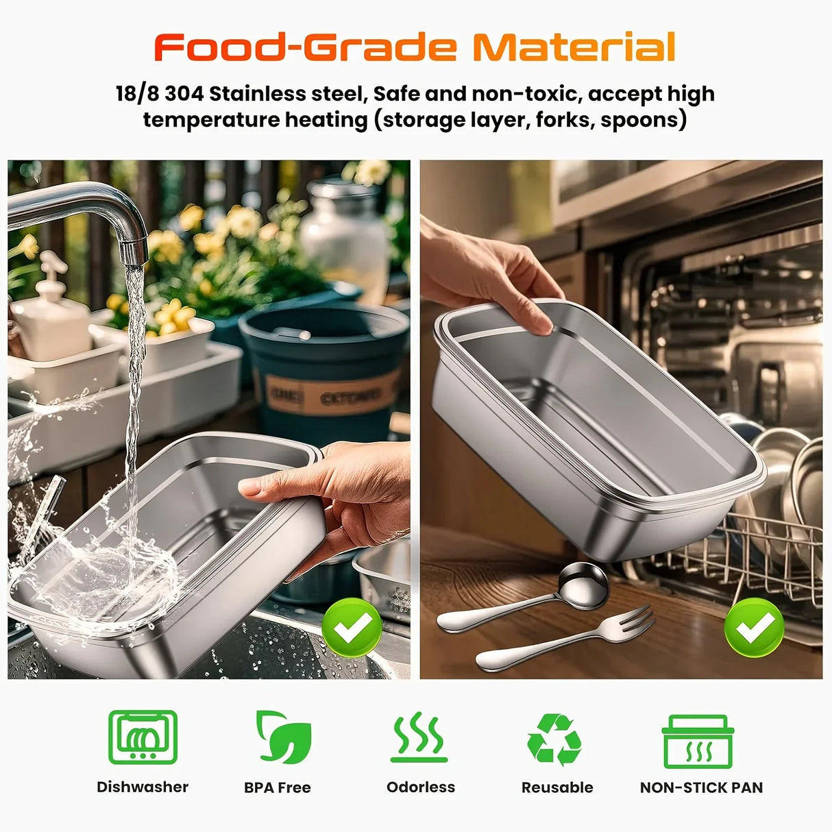 304 stainless steel food container being washed and placed in dishwasher, with BPA-free, reusable, odorless, and non-stick icons, featured on Flea Market AU bargain store.