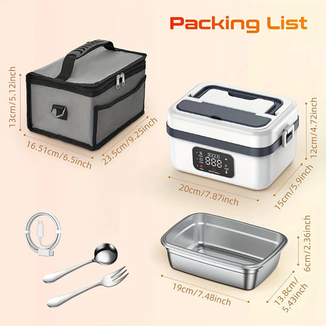 Portable electric lunch box set with measurements, carrying bag, stainless steel container, spoon, fork, and USB cable, featured on Flea Market AU.