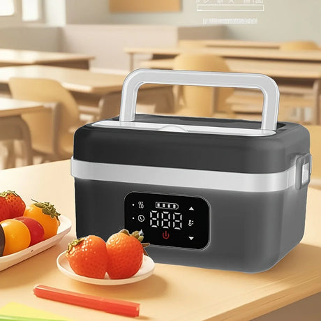 Digital electric lunch box on classroom desk with fresh fruit, Flea Market AU bargain item