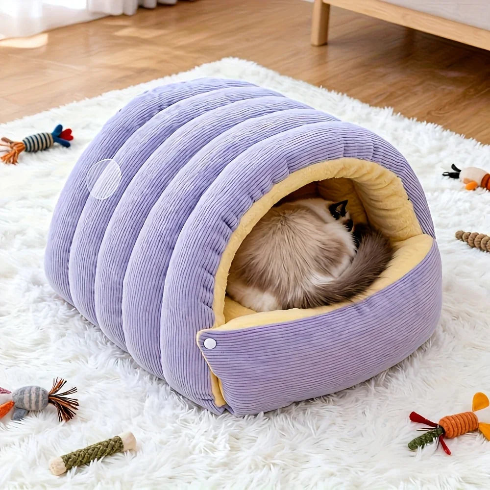 High-Elasticity Warm Cat Bed - 57x37x28cm Striped Fleece Light Purple