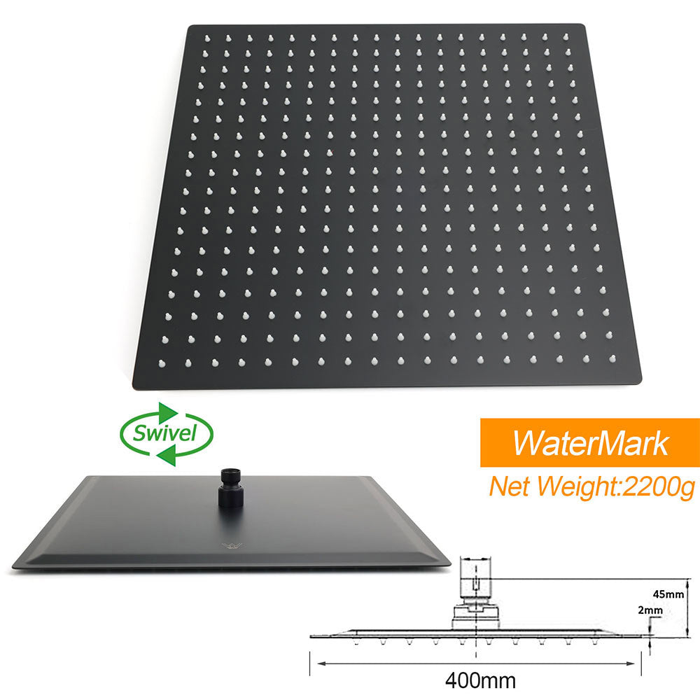 Matt Black 16" Large Rainfall Shower Head 300mm Ceiling Dropper Arm Square Mixer Taps