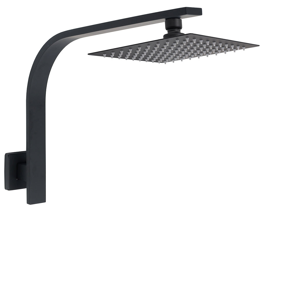 Matt Black 8" Square Thin Rain Shower Head Brass Gooseneck Wall Arm Watermark