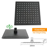 Matt Black 8" Square Thin Rain Shower Head Brass Gooseneck Wall Arm Watermark