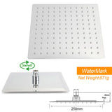 WELS Chrome Square 10" Thin Rainfall Shower Head + Brass Gooseneck Wall Arm Set